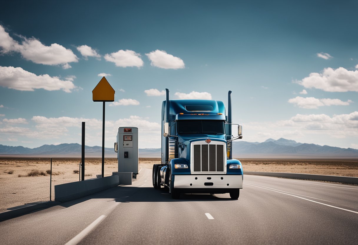 A semi truck on a desolate road, fuel gauge on empty, with a distant gas station in the background