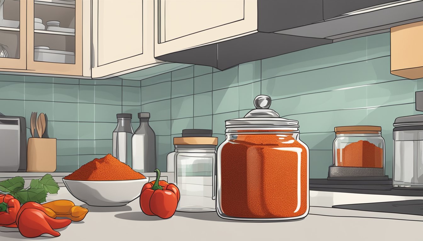 A jar of paprika being replaced with a jar of smoked paprika on a kitchen counter