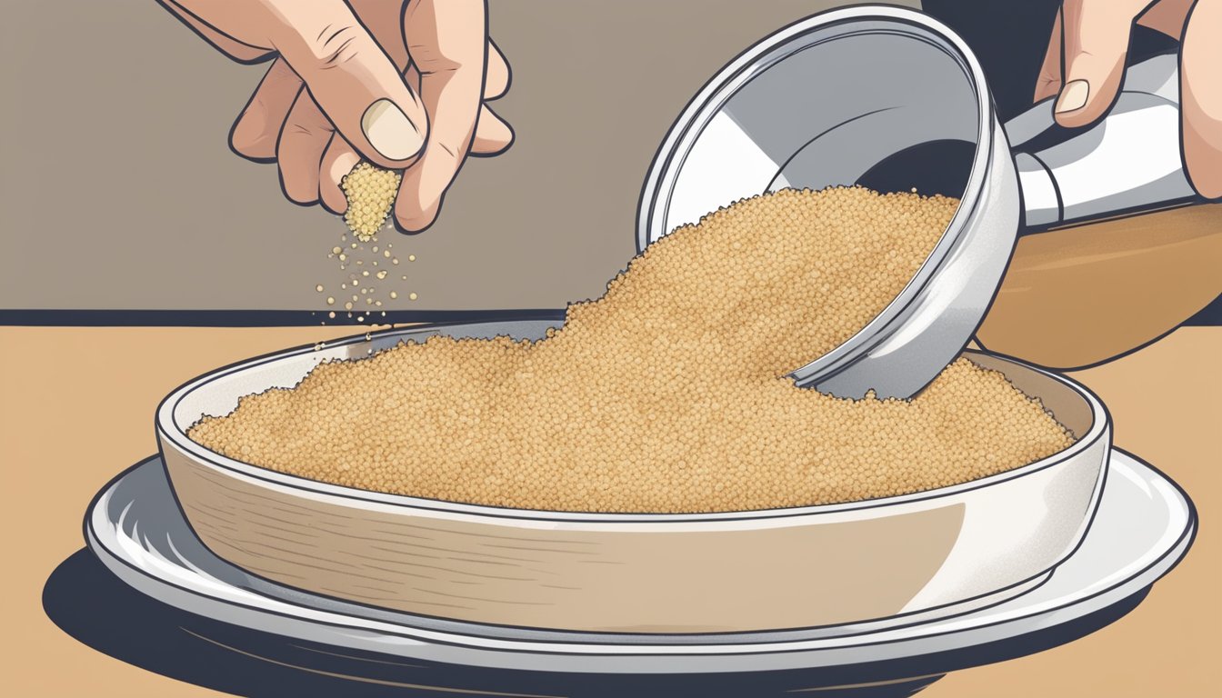 Panko breadcrumbs pouring from a container onto a plate, next to a bowl of regular breadcrumbs. A hand reaches for the panko