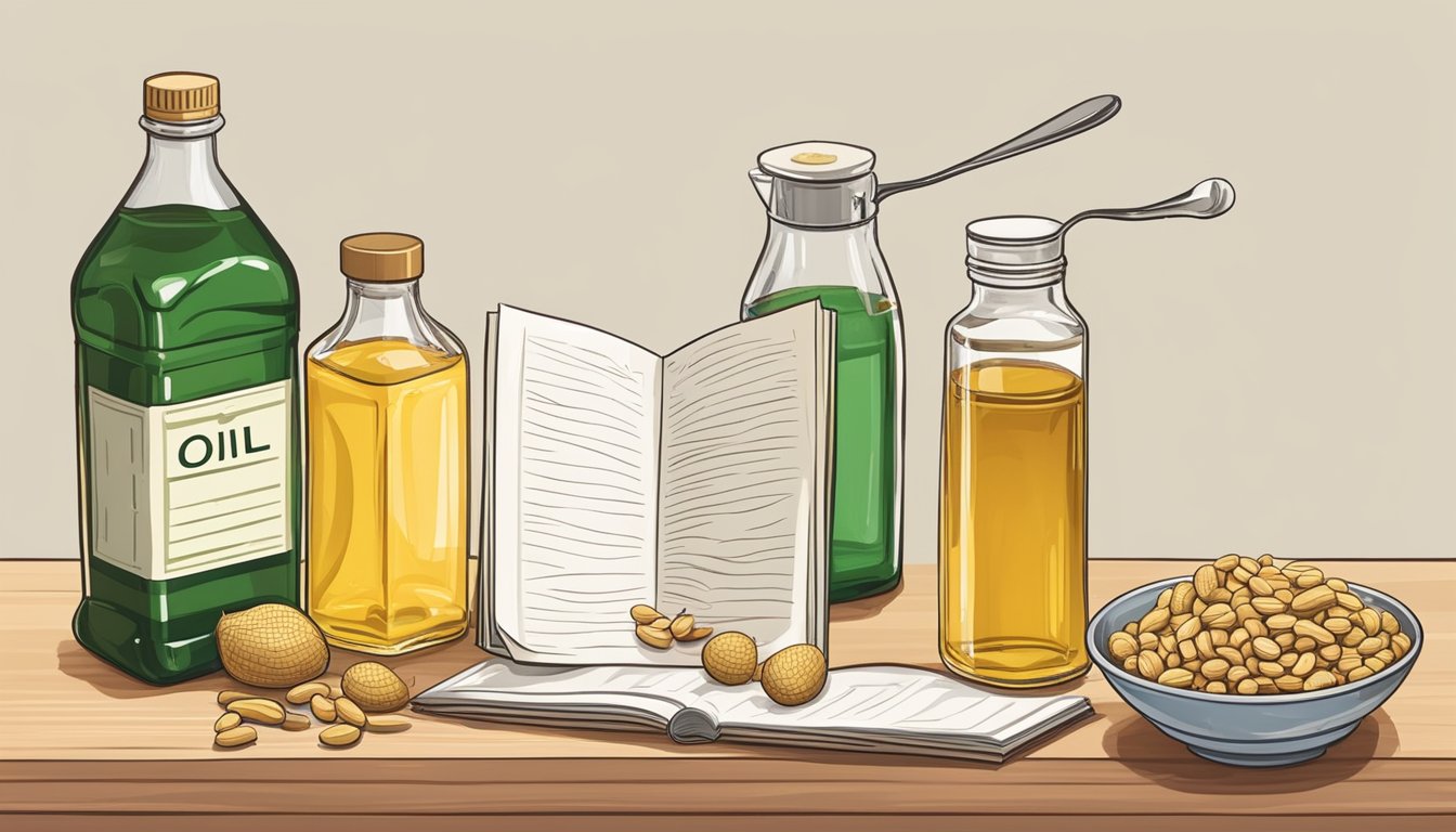 A kitchen counter with bottles of peanut and sesame oil, a measuring spoon, and a recipe book open to a page about oil substitutions