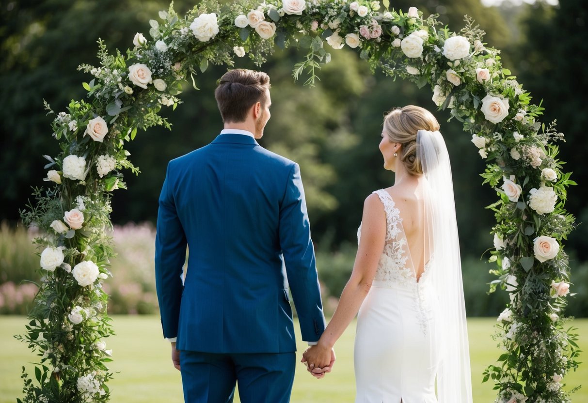 The bride stands on the right side, facing the groom. A wedding arch frames them, surrounded by flowers and foliage