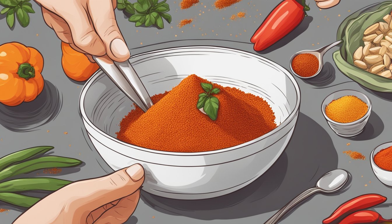 A hand sprinkles paprika into a bowl of food, then replaces it with smoked paprika, enhancing the flavor