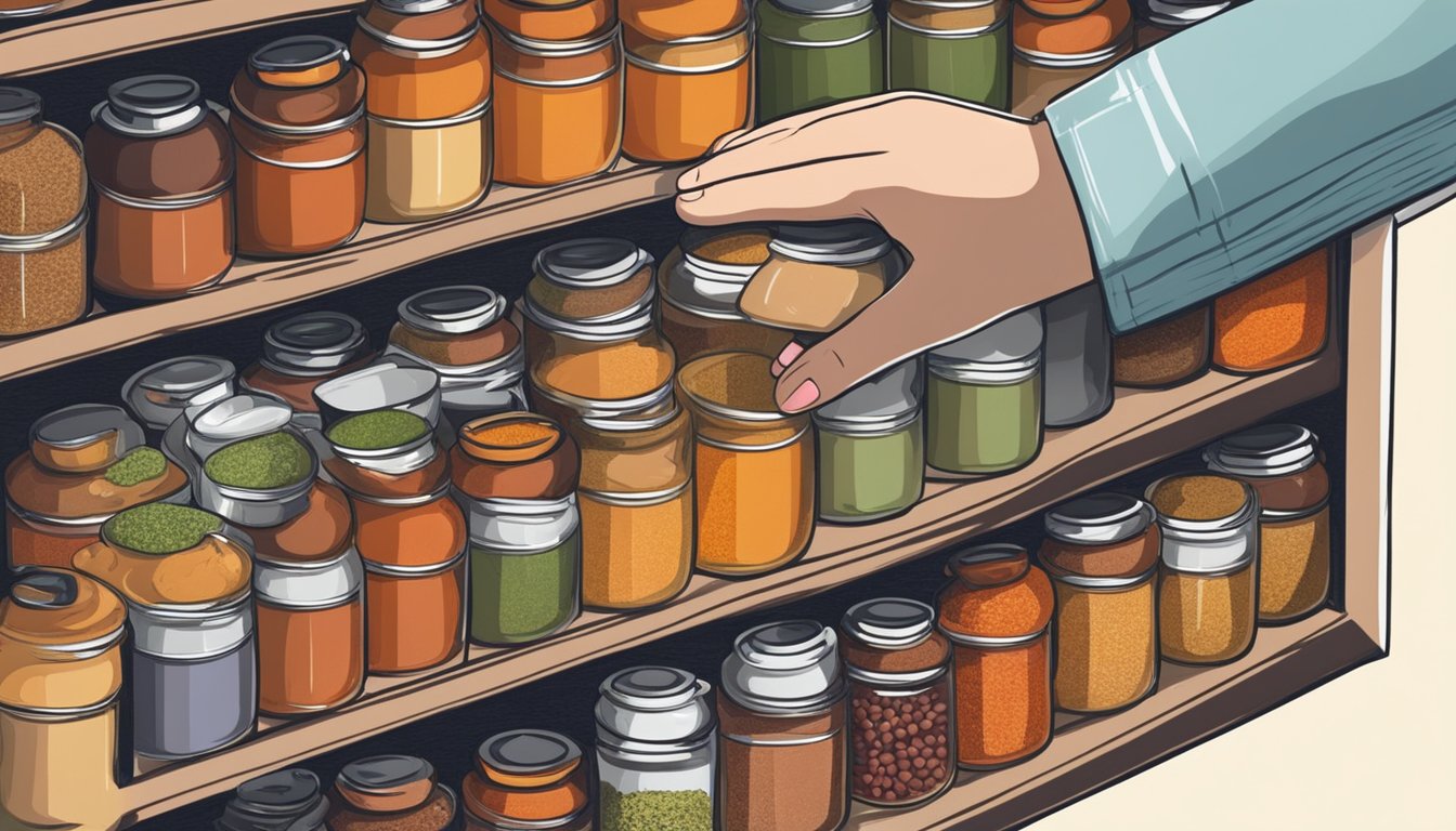 A spice rack with various jars, including paprika and smoked paprika. A hand reaching for the smoked paprika jar