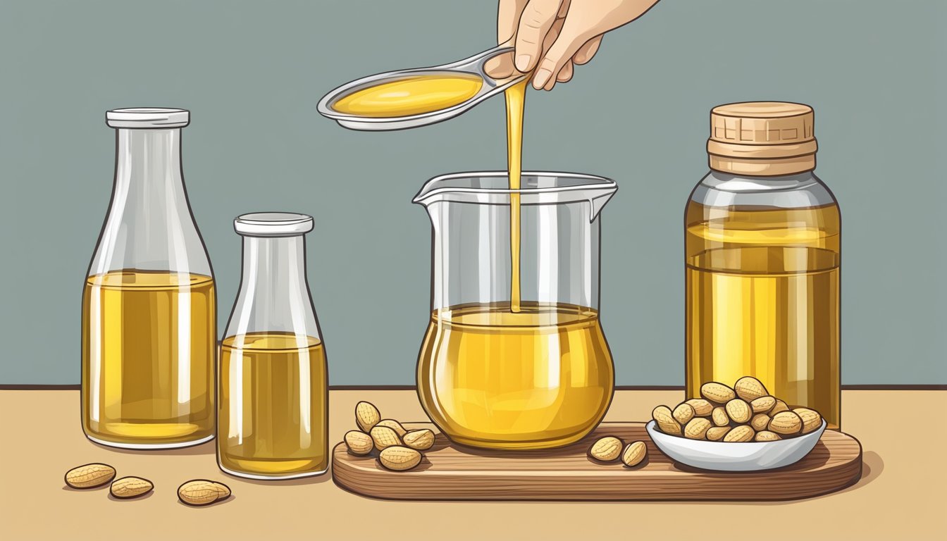 A measuring cup pouring peanut oil into a smaller container marked with ratios, next to a bottle of sesame oil