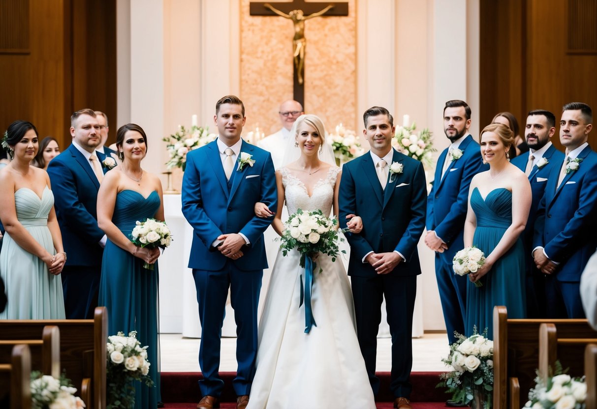 A bride and groom stand at the altar, surrounded by their wedding party. The bride stands on the right, holding a bouquet, while the groom stands on the left