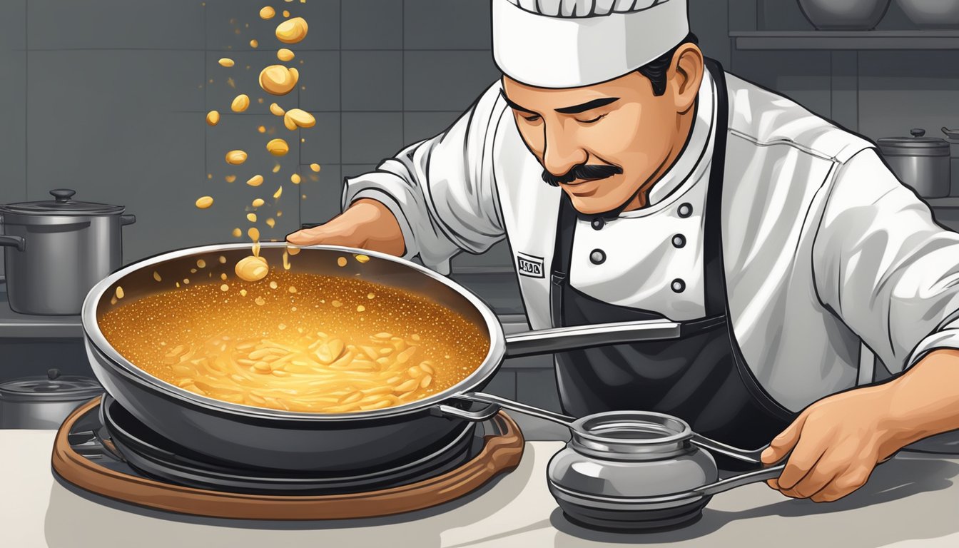 A chef pouring peanut oil into a sizzling pan instead of sesame oil