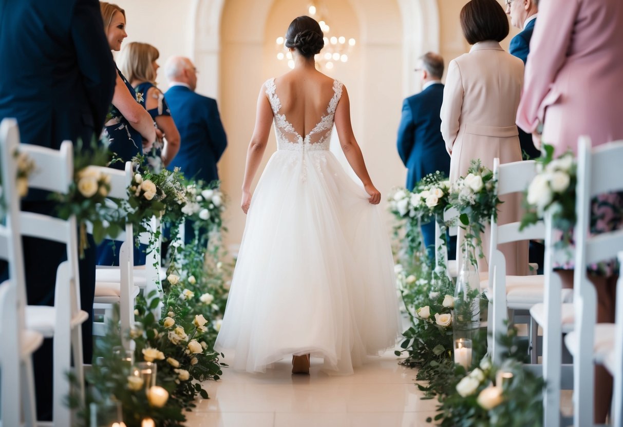 A figure in a flowing dress walks down a flower-lined aisle, bathed in soft light