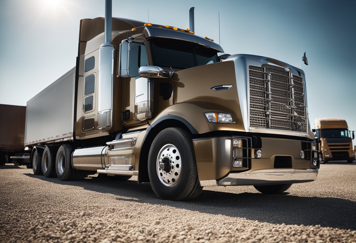 A semi truck parked on a gravel lot, with its front end raised and a mechanic inspecting the shocks underneath