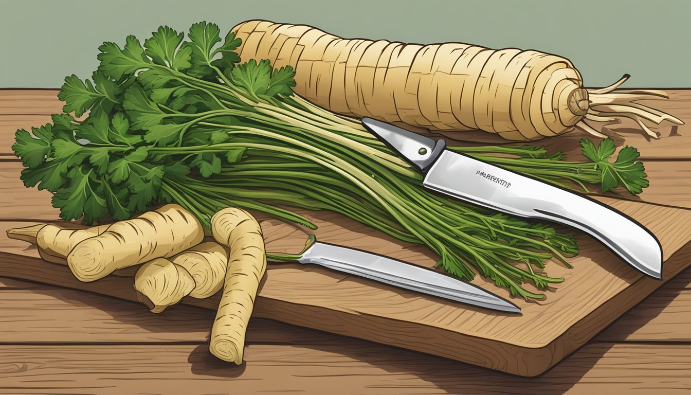 A bunch of parsley root next to a pile of parsnips, with a chef's knife and cutting board in the background