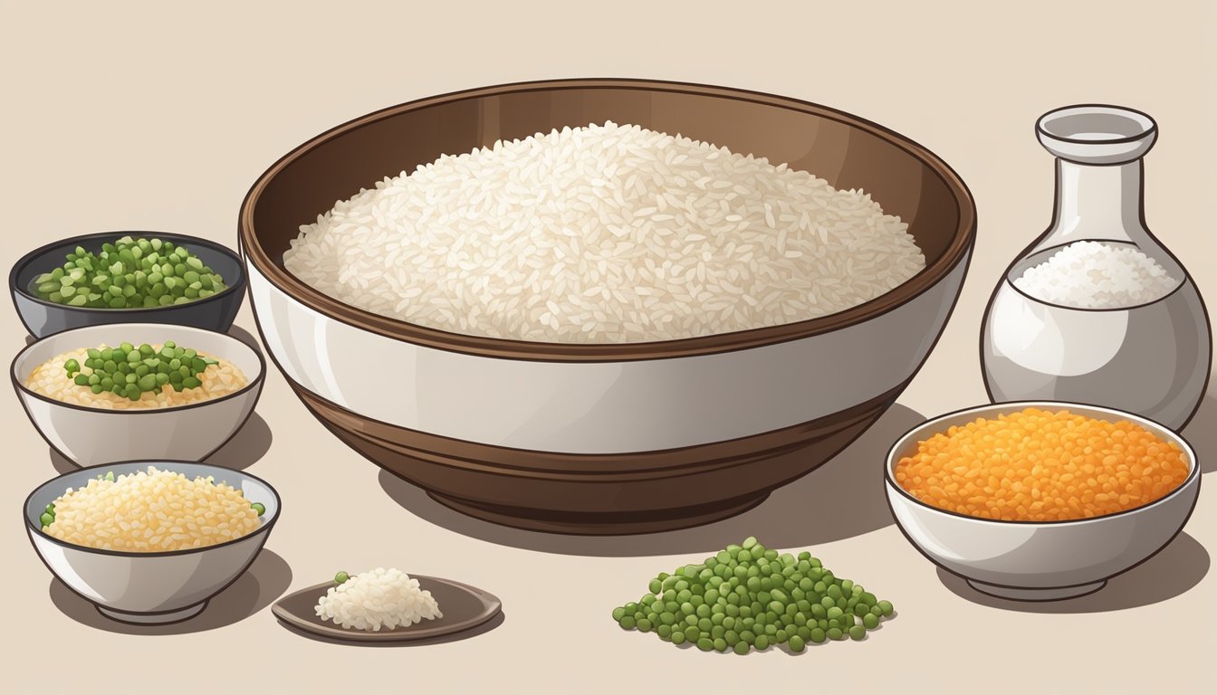 A bowl of parboiled rice sits beside a plate of white rice, both surrounded by various side dish ingredients and cooking utensils