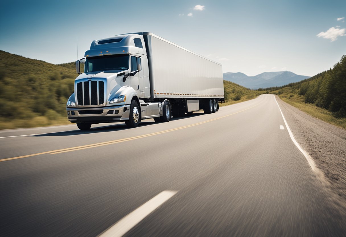 A semi-truck navigating a bumpy road, with visible wear and tear on the shocks