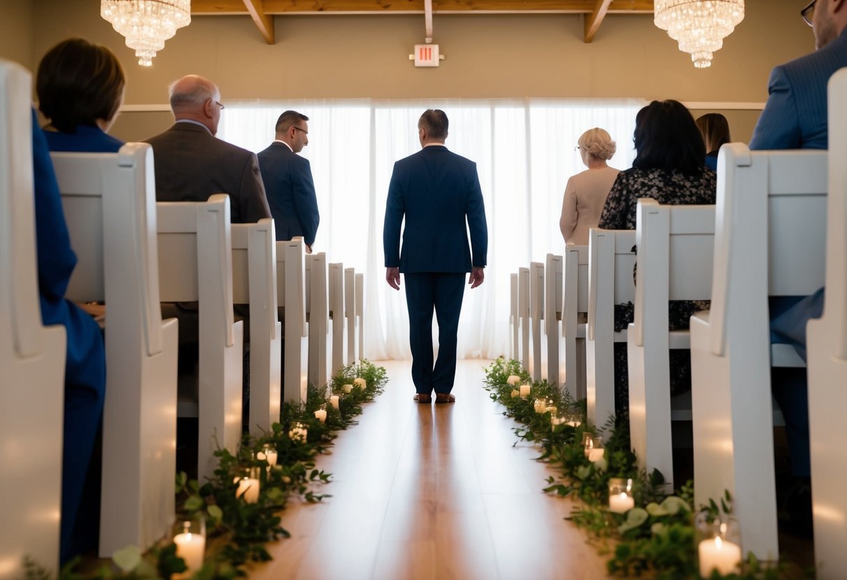 A figure standing at the end of an aisle, looking back at another figure with a sense of connection and support