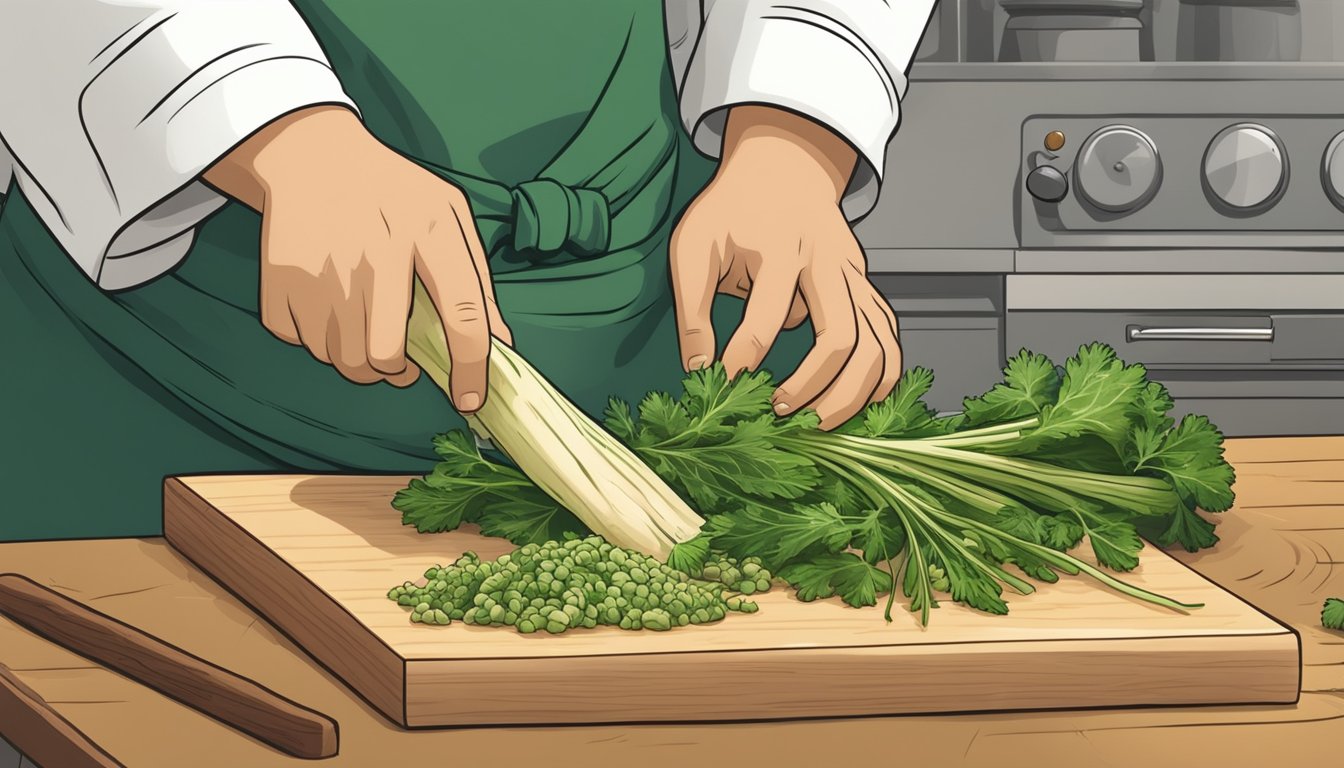 A chef chopping parsley root to replace parsnips in a recipe