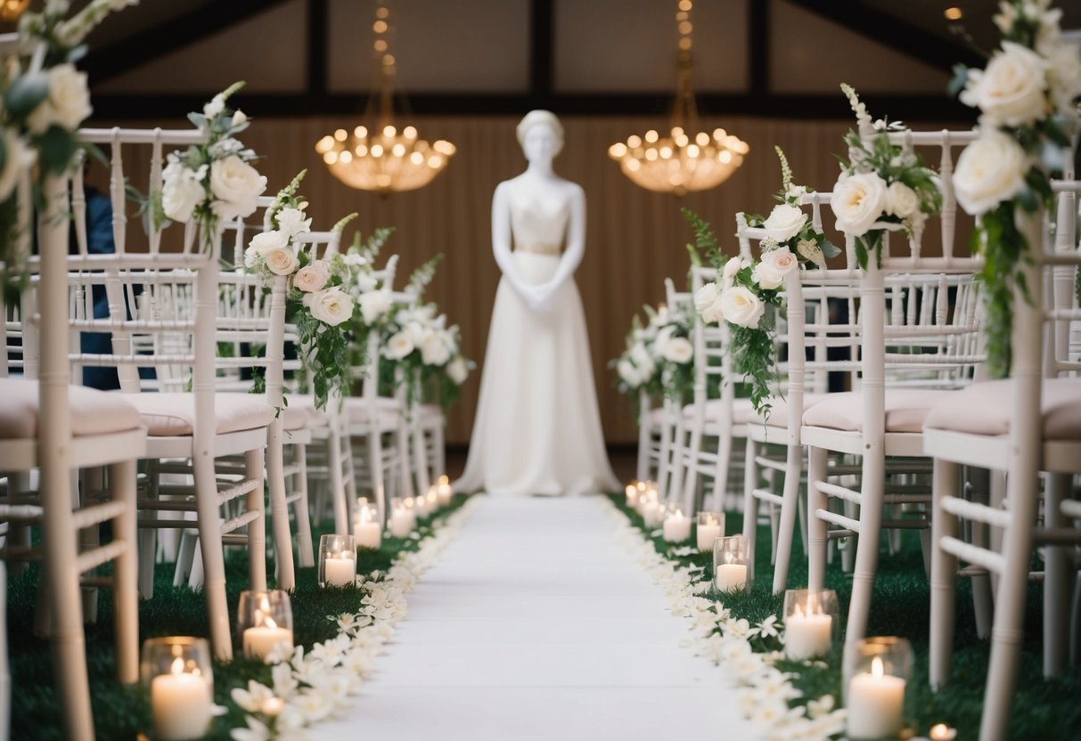 A figure stands at the start of an aisle, flanked by rows of chairs. The space is adorned with flowers and soft lighting, creating a serene and romantic atmosphere