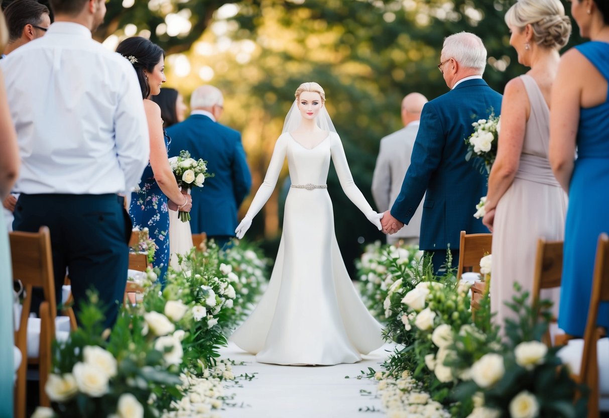 A figure stands at the end of a flower-lined aisle, surrounded by loved ones