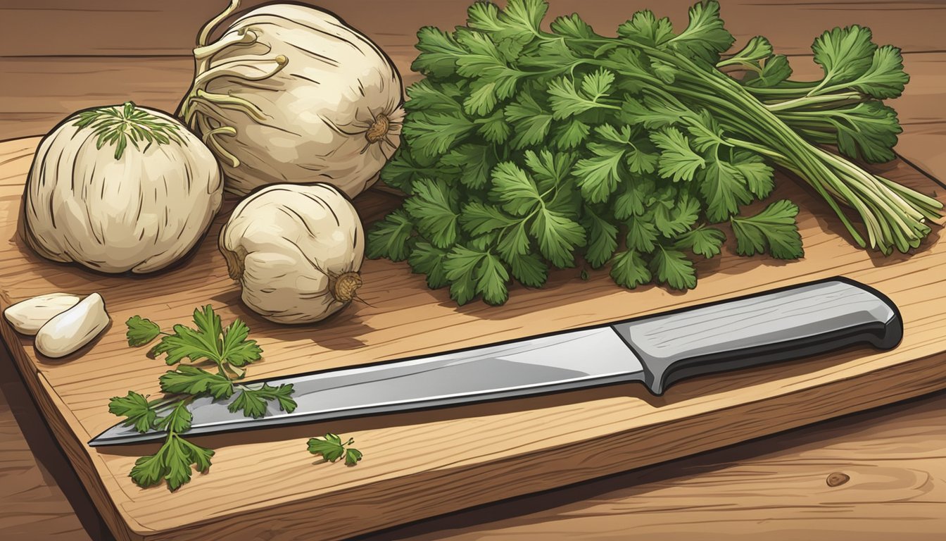 A bunch of parsley roots lying next to a pile of parsnips, with a chef's knife and cutting board nearby