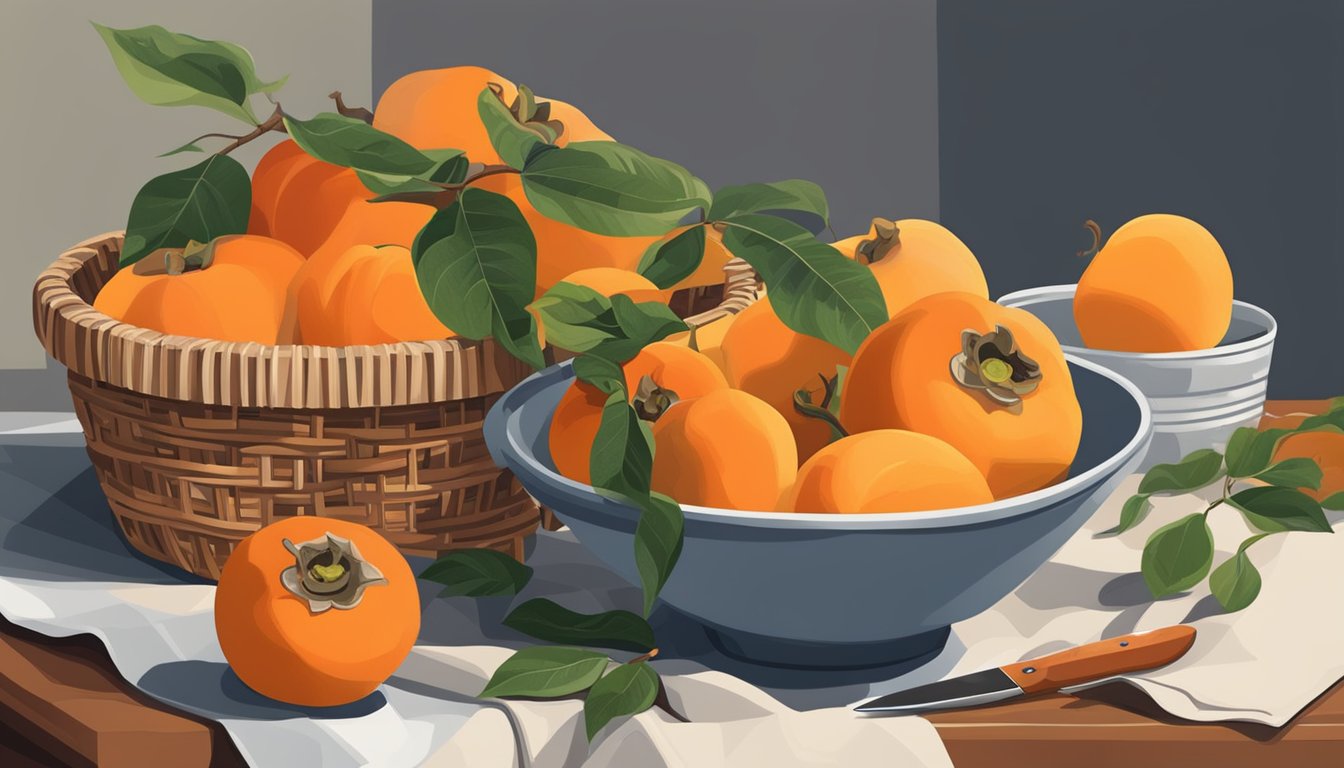 A bowl of ripe persimmons next to a basket of peaches, with a cutting board and knife ready for substitution