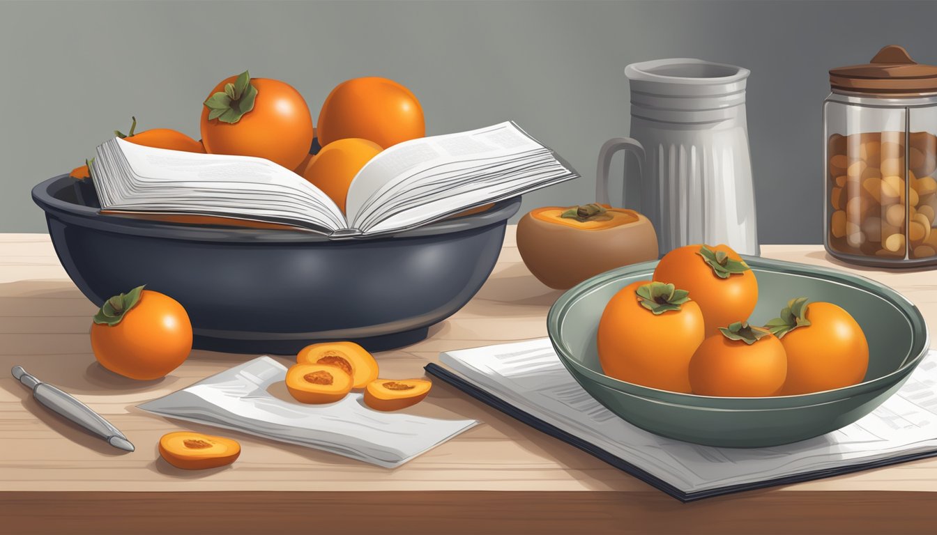 A kitchen counter with a bowl of persimmons and a recipe book open to a page on baking with fruit