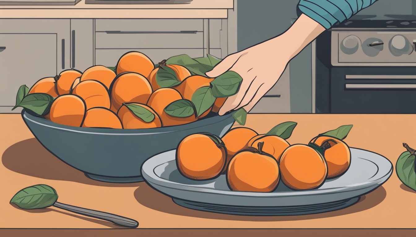 A bowl of ripe persimmons sits on a kitchen counter next to a pile of peaches. A hand reaches for a persimmon, ready to substitute it for the peaches in a recipe