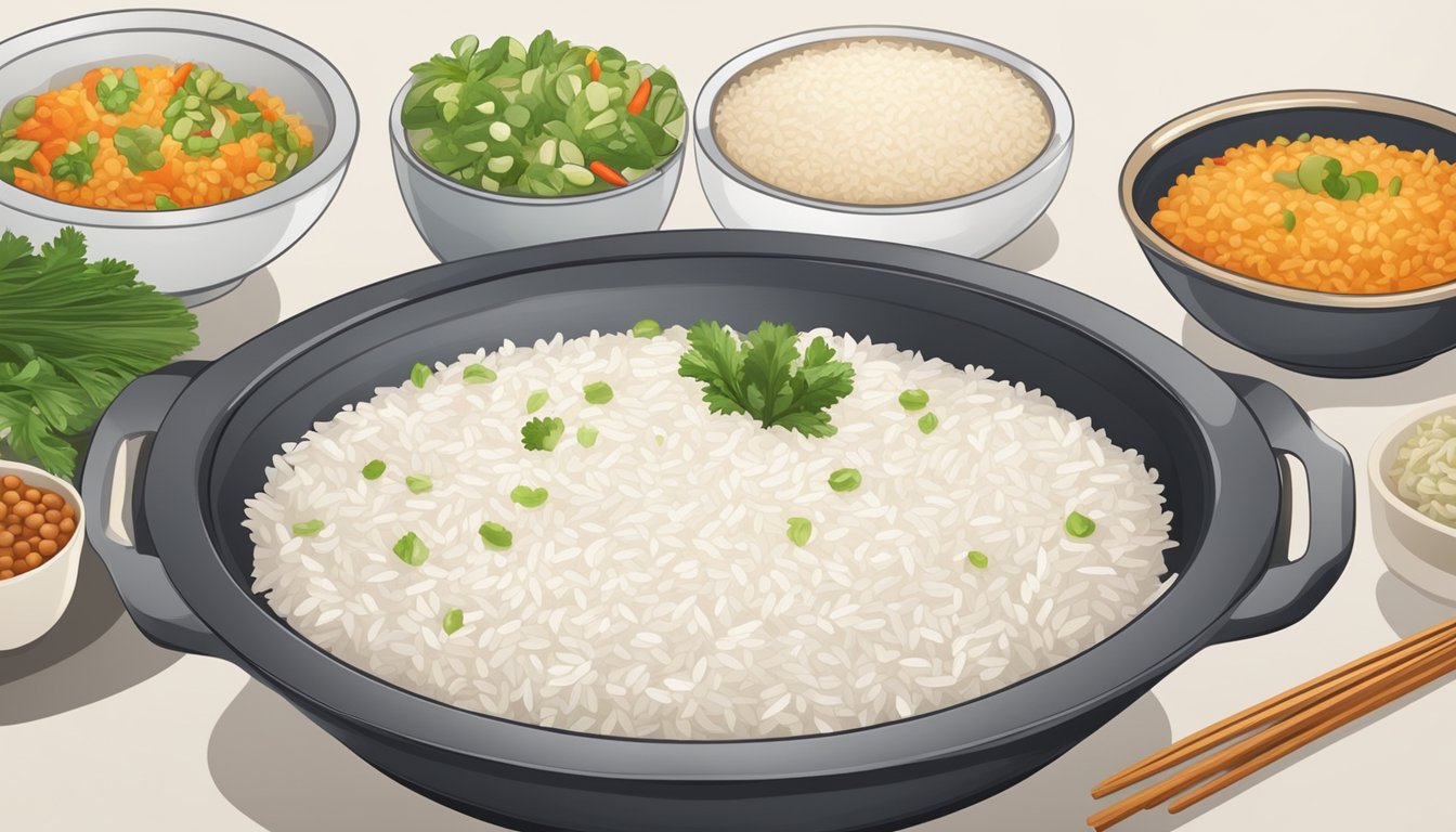 A steaming pot of parboiled rice sits next to a bowl of white rice, with various vegetables and seasonings arranged nearby for substitution in side dishes