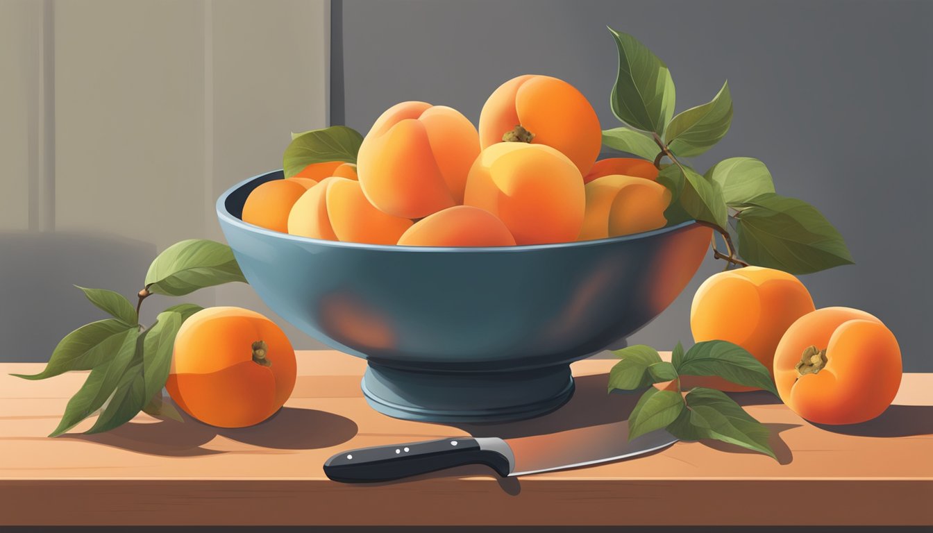 A bowl of fruit with ripe persimmons next to a pile of peaches, a cutting board, and a knife