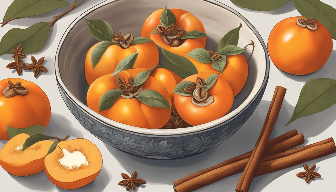 A bowl of persimmons surrounded by cinnamon sticks, vanilla beans, and nutmeg. A peach being replaced by a persimmon in a recipe