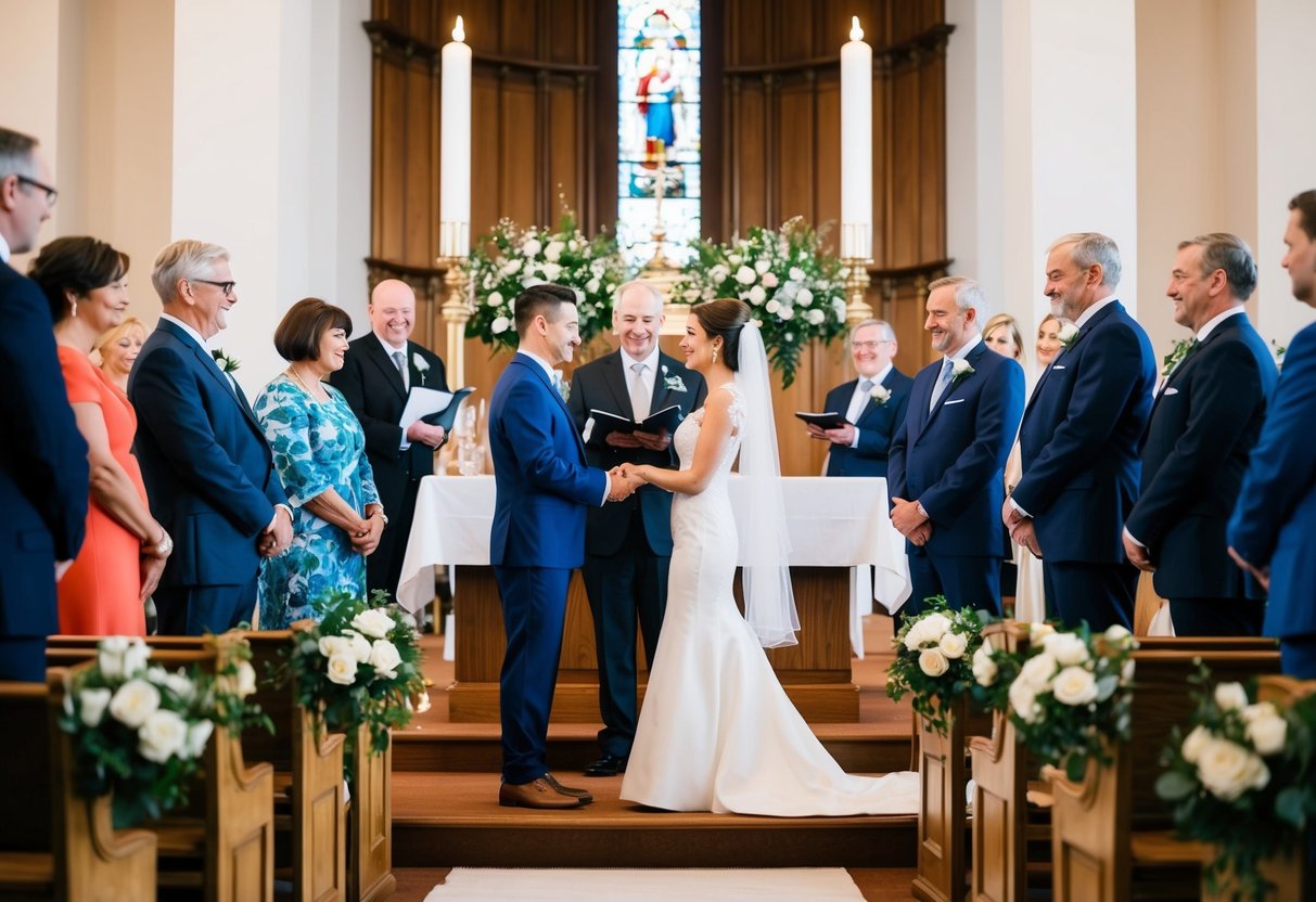 A couple standing at the altar, surrounded by family and friends, exchanging vows