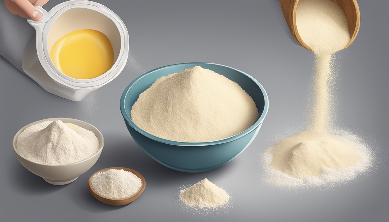 A bowl of pastry flour being poured into a mixing bowl, alongside a bag of all-purpose flour with a measuring cup