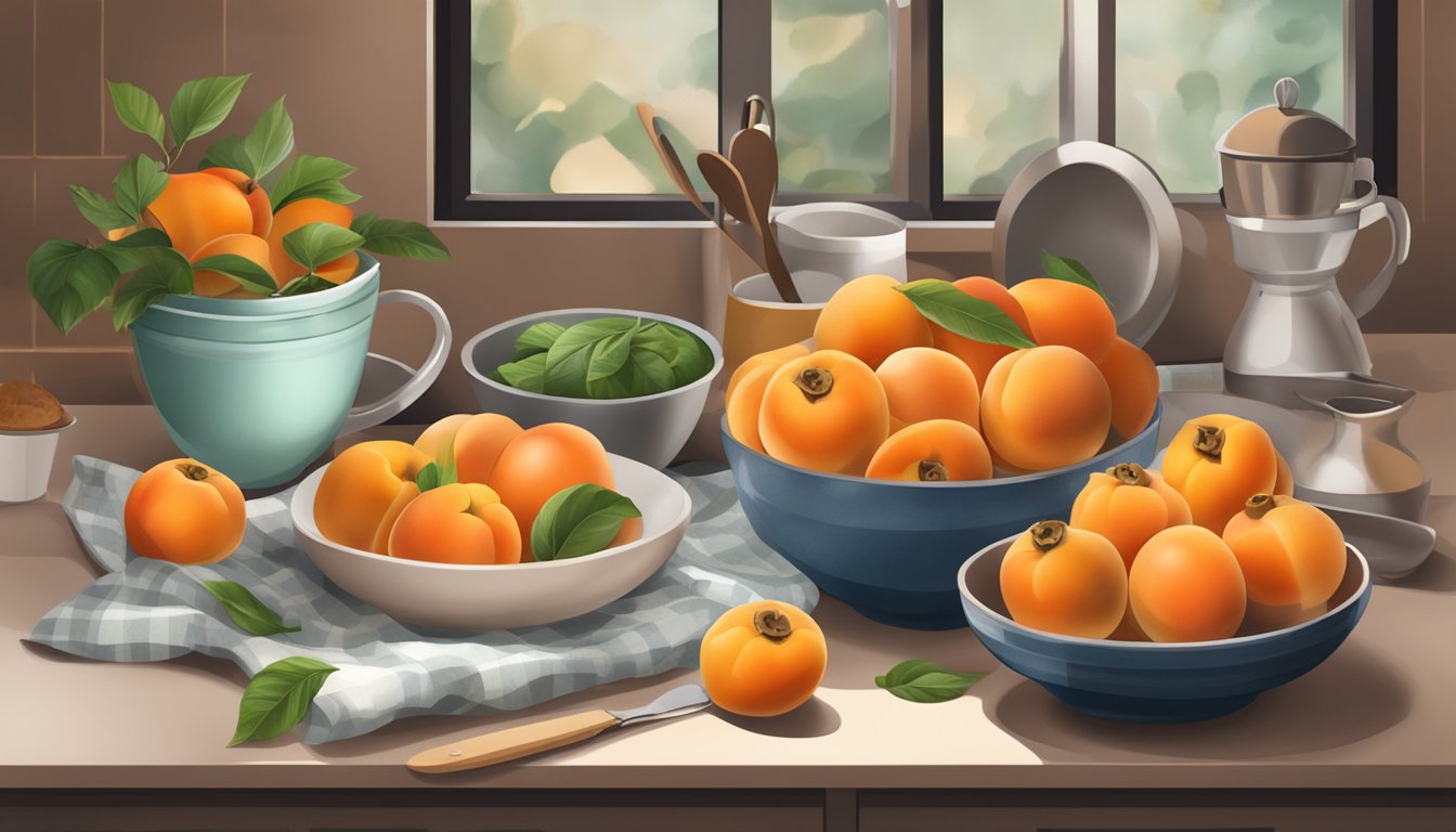 A kitchen counter with fresh persimmons and a bowl of peaches, surrounded by baking utensils and ingredients