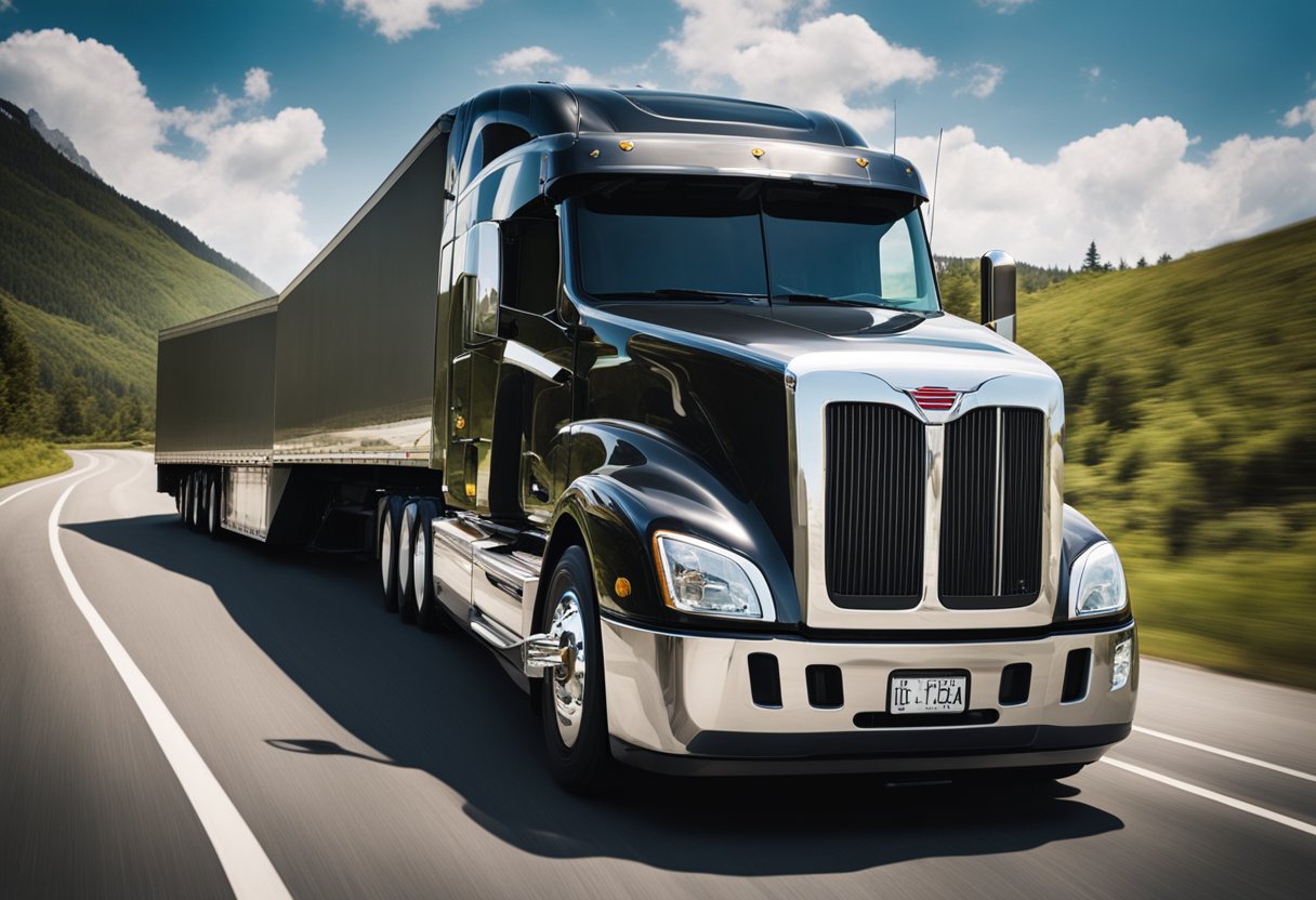 A semi truck with multiple axles turning on a winding road