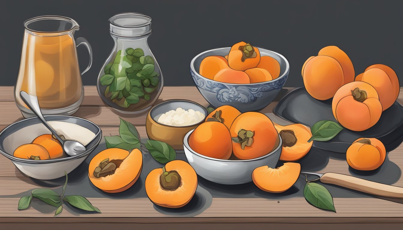 A bowl of persimmons next to a bowl of peaches, with various ingredients and utensils scattered around for substitution