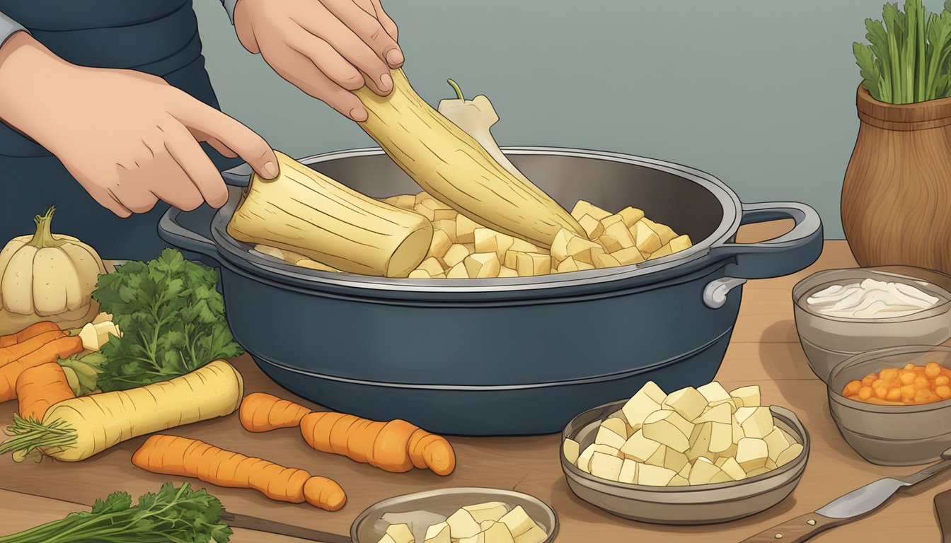 Parsnips being chopped and added to a bubbling stew pot