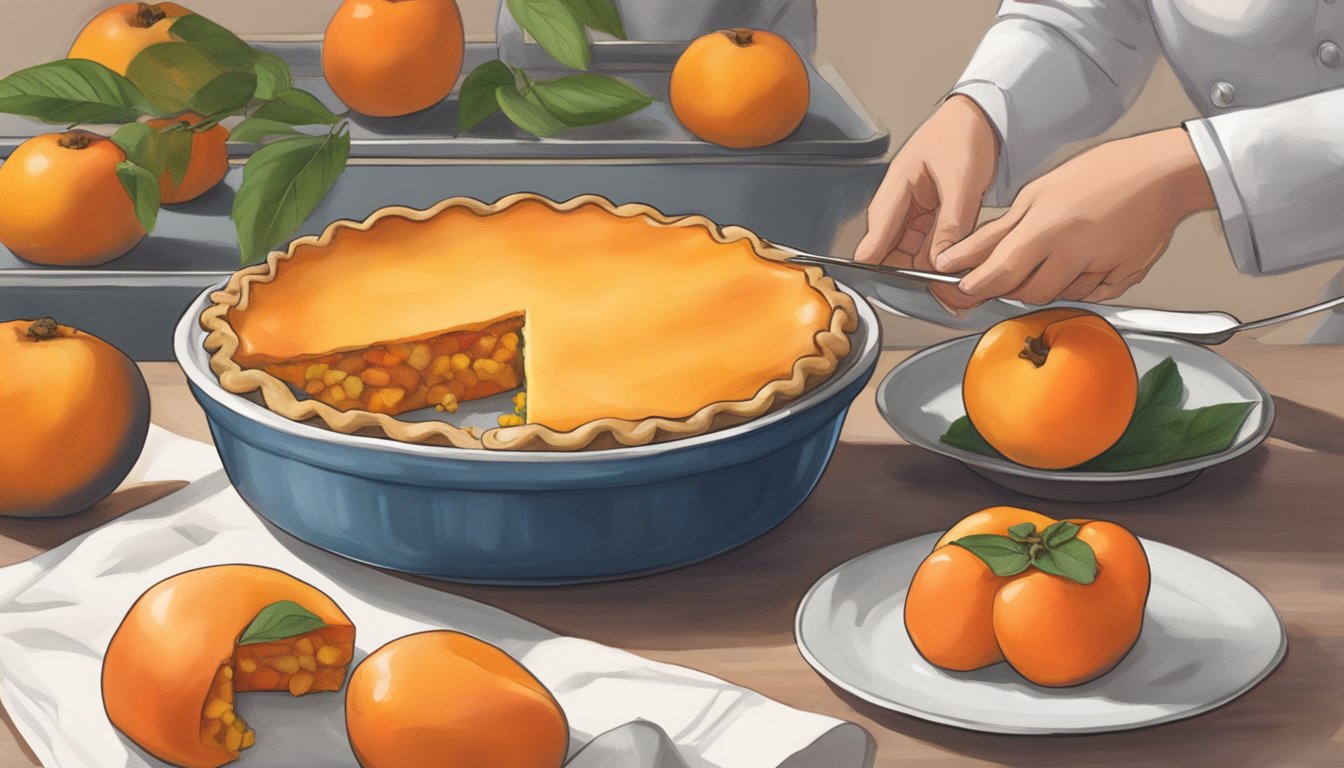 A bowl of persimmons sits next to a peach pie, with a chef swapping out peaches for the persimmons in the recipe