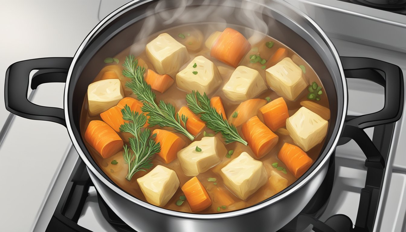 A pot of stew simmers on a stove, filled with chunks of parsnips in place of carrots. Steam rises from the bubbling mixture, filling the kitchen with an inviting aroma