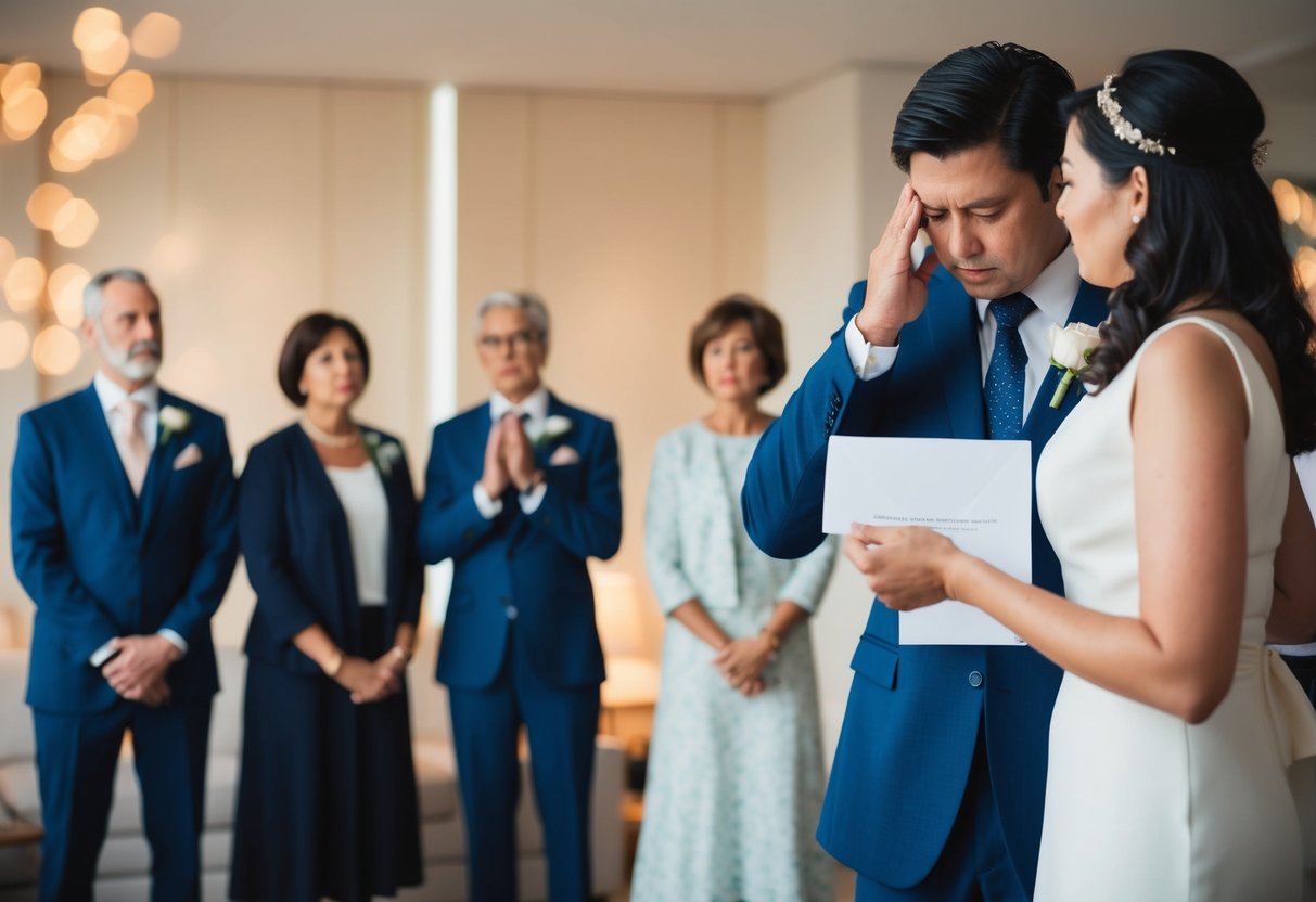 A person declining a wedding invitation, with a disappointed couple and family members looking on