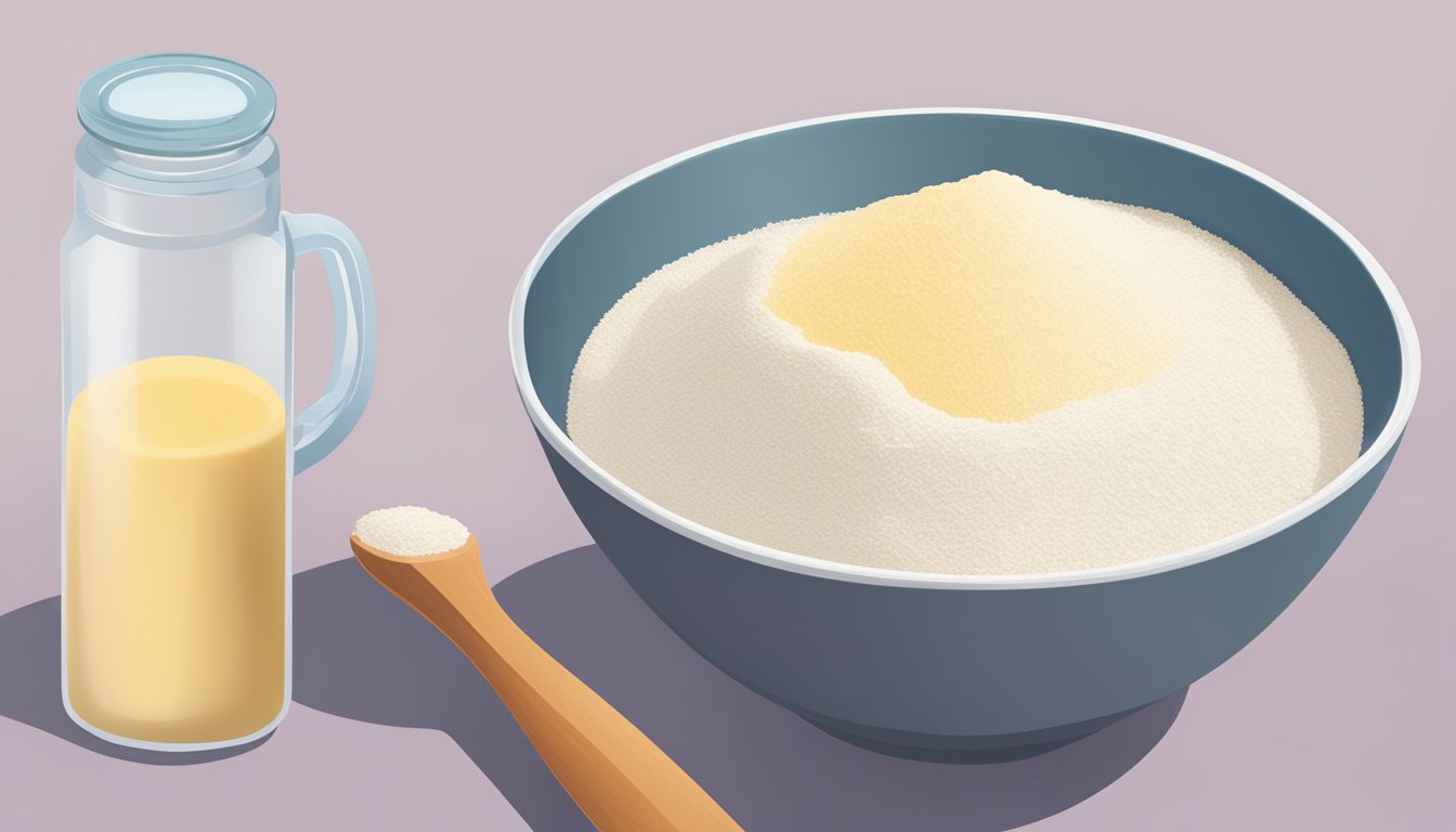 A bowl of pastry flour and all-purpose flour side by side, with a measuring cup pouring one into the other