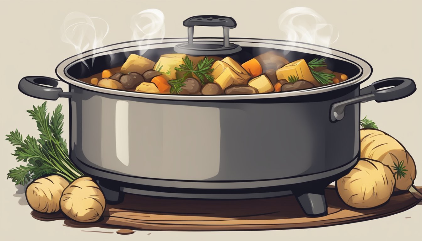 A steaming pot of stew with parsnips, potatoes, and herbs bubbling on a rustic stove