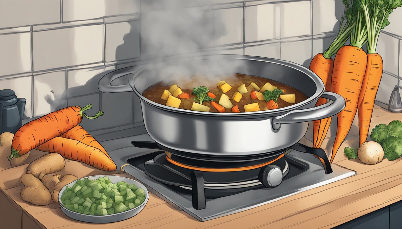 A pot of stew simmering on a stove, with parsnips being chopped and added in place of carrots. The different textures of the two vegetables are evident