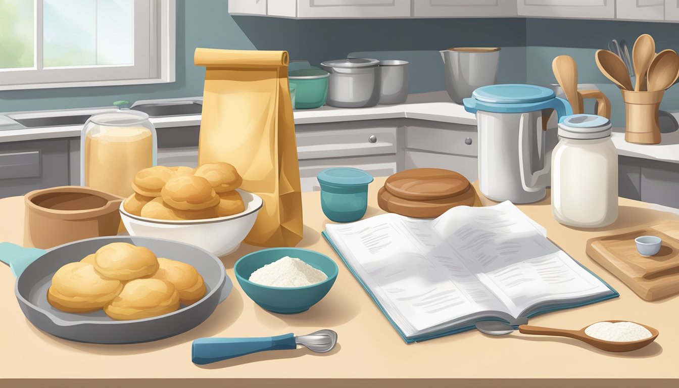 A kitchen counter with a bag of pastry flour and a bag of all-purpose flour, along with measuring cups and spoons, a mixing bowl, and a recipe book open to a page on common applications and recipe adjustments