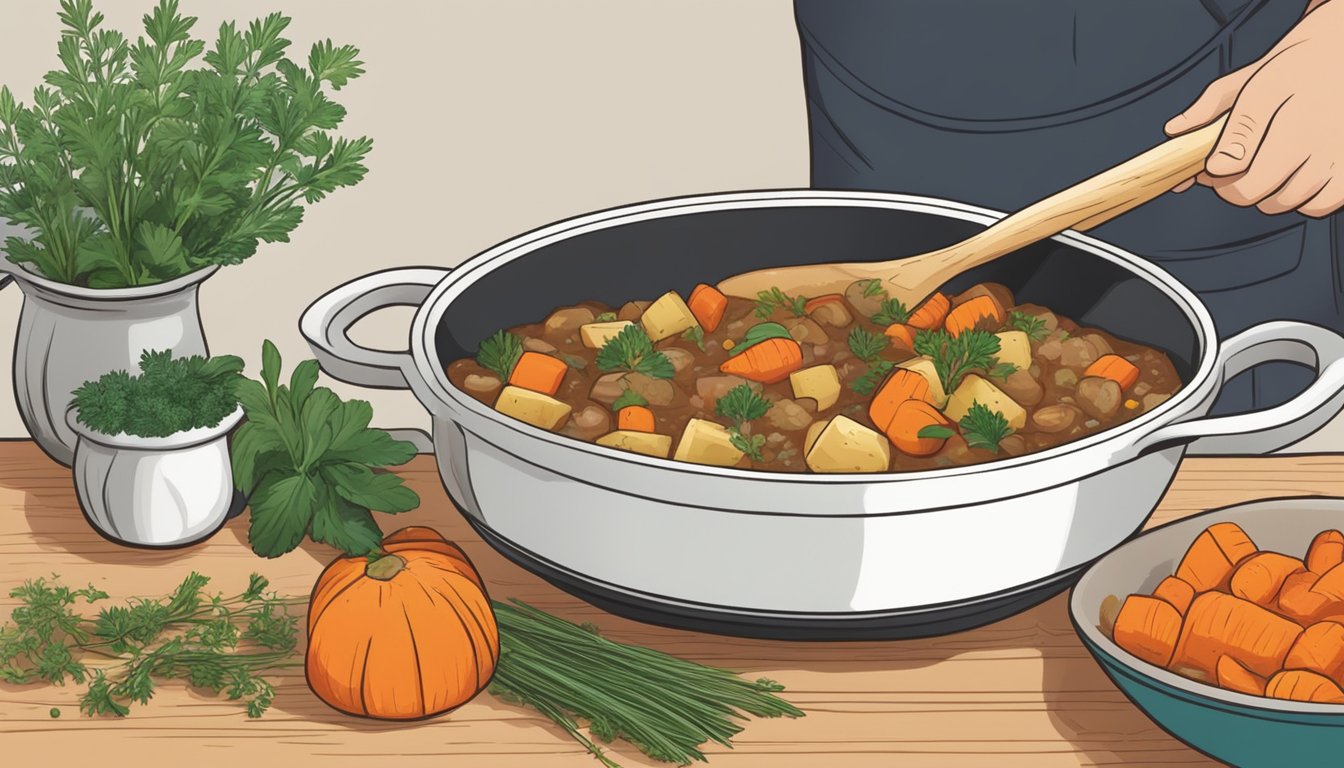 A pot of stew with parsnips replacing carrots, being ladled into a bowl with a sprinkle of fresh herbs on top