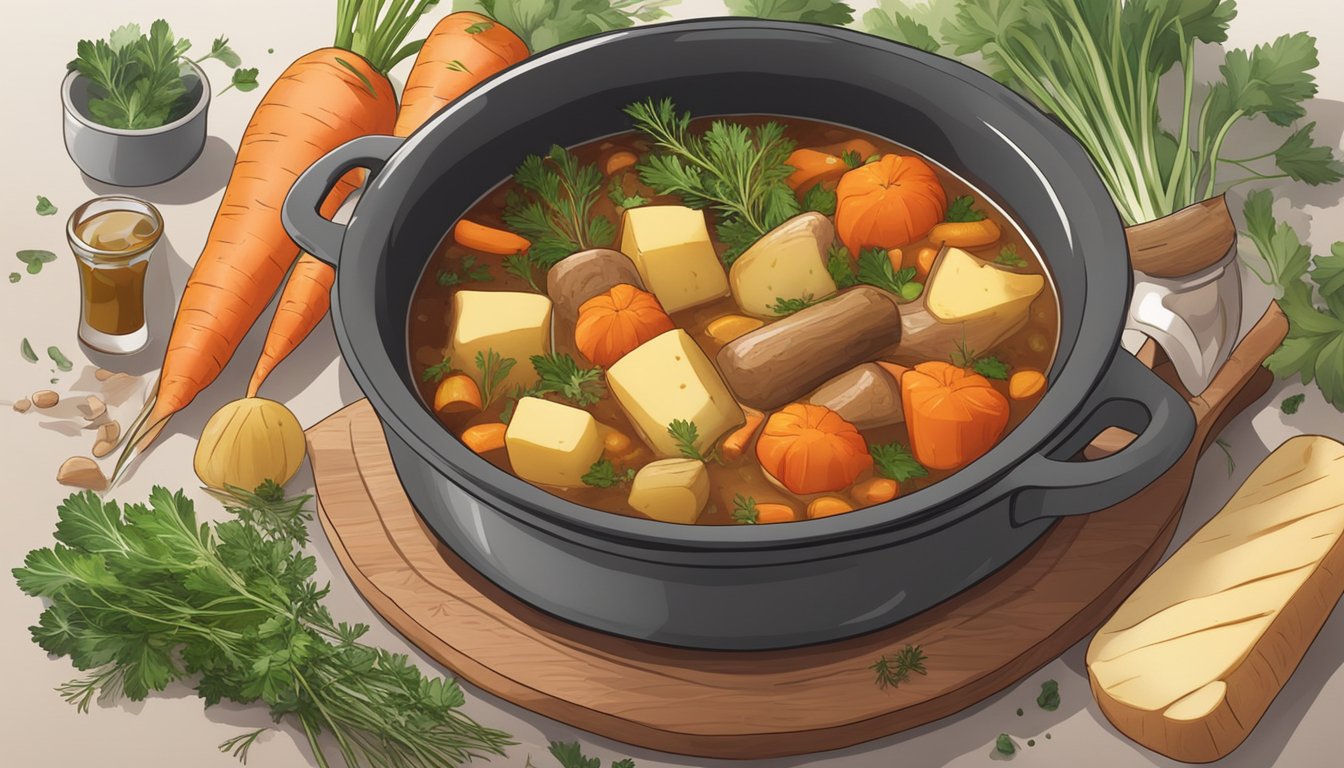 A simmering pot of stew with parsnips being added instead of carrots, surrounded by fresh herbs and spices