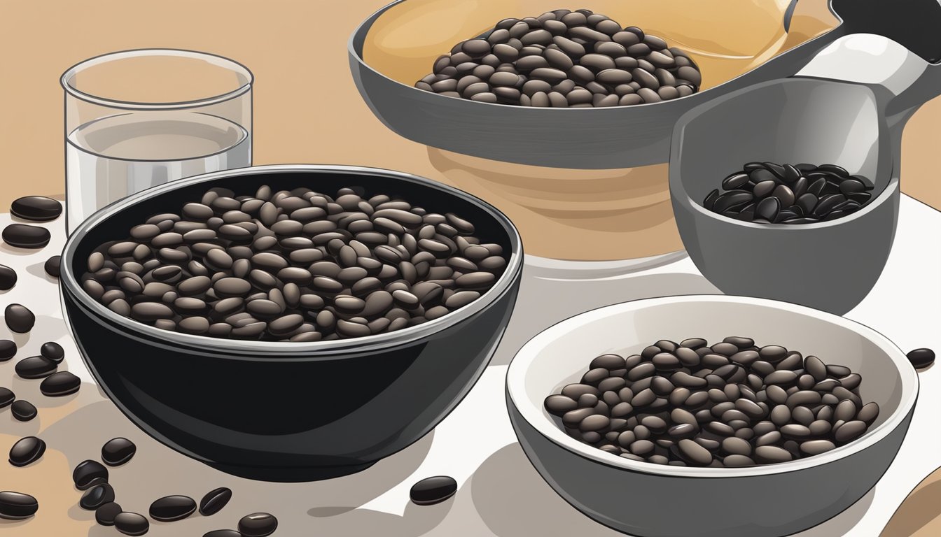 A bowl of pinto beans next to a bowl of black beans, with a measuring cup pouring the pinto beans into the black beans