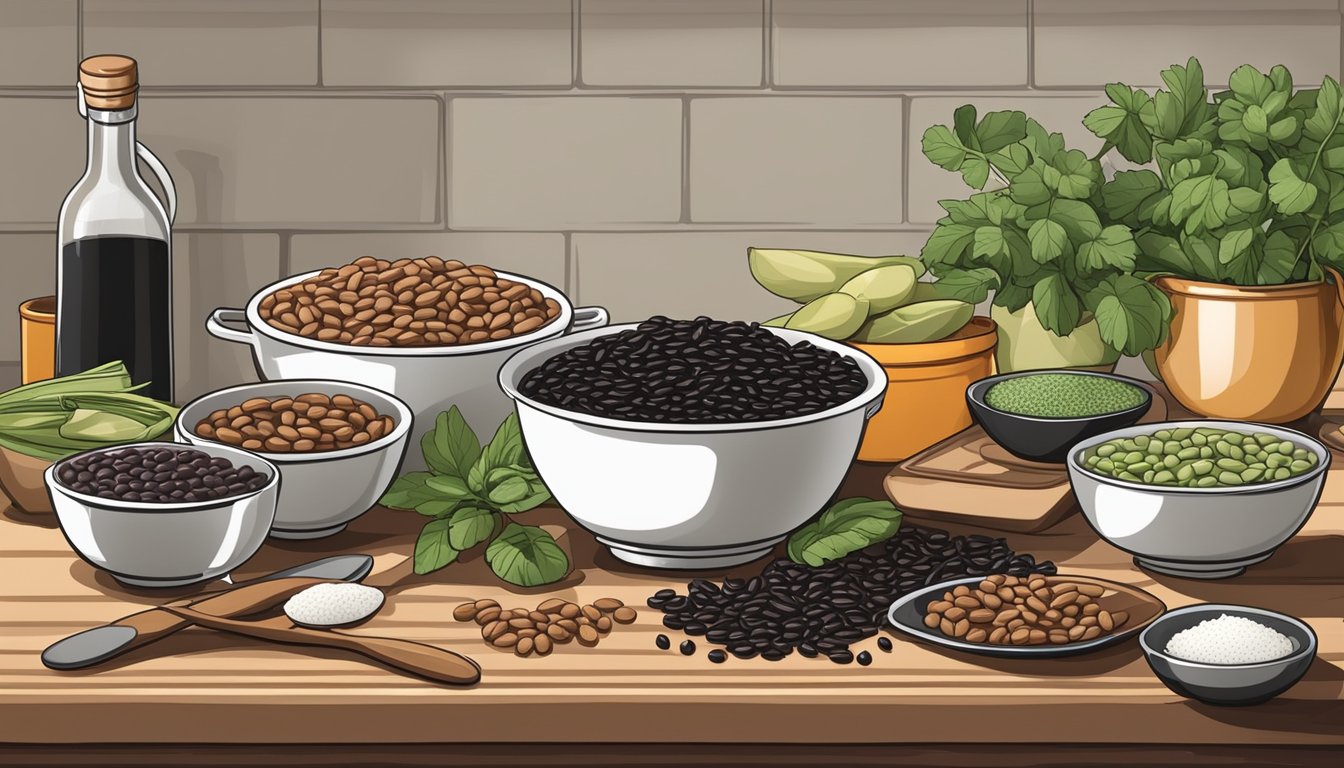 A kitchen counter with a bowl of pinto beans next to a bowl of black beans, surrounded by various cooking utensils and ingredients