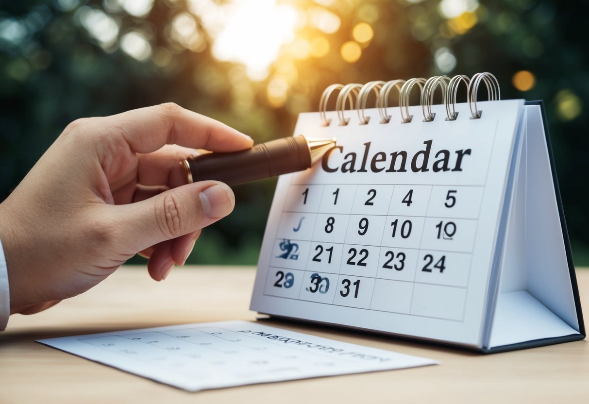 A calendar with a hand reaching out to mark a date for sending invitations