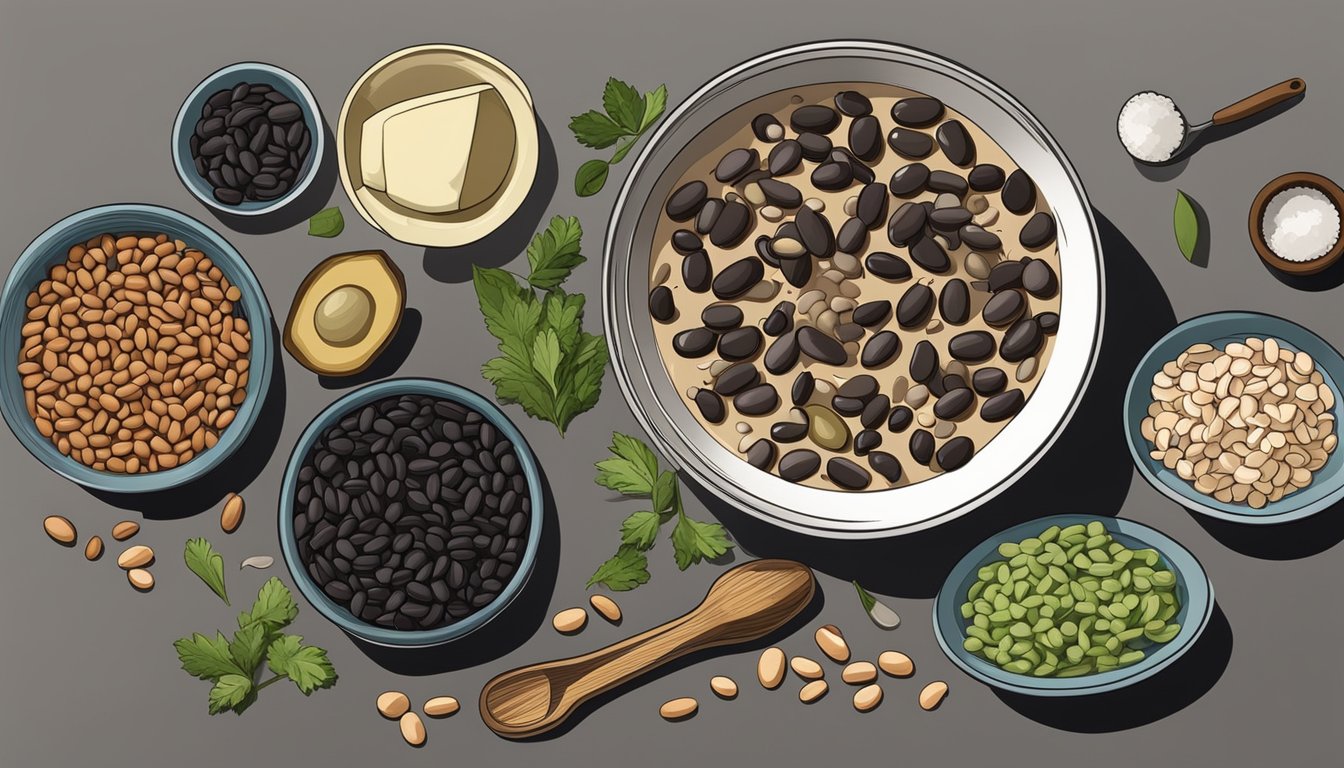 A kitchen counter with a bowl of pinto beans and a bowl of black beans, along with various cooking utensils and ingredients scattered around