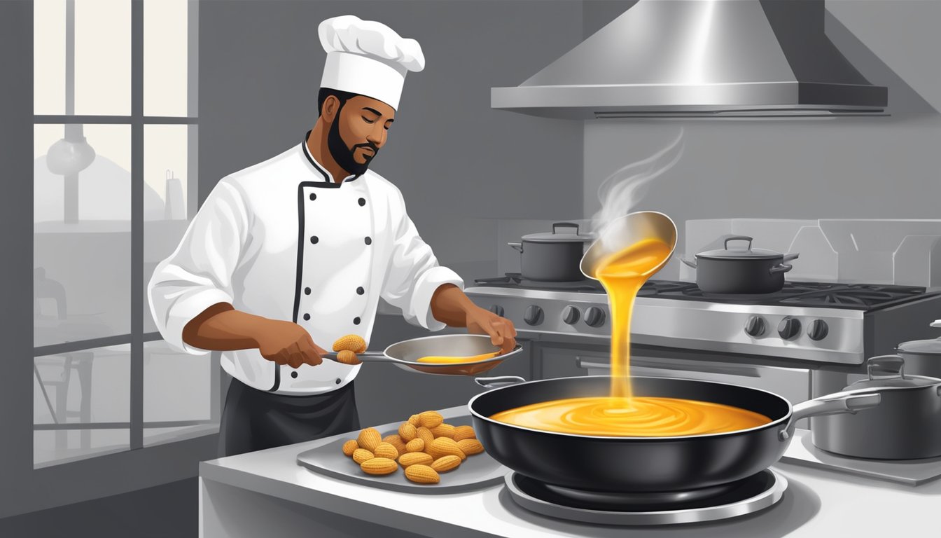 A chef pours peanut oil into a sizzling frying pan, replacing vegetable oil. The steam rises as the oil coats the surface, ready for frying