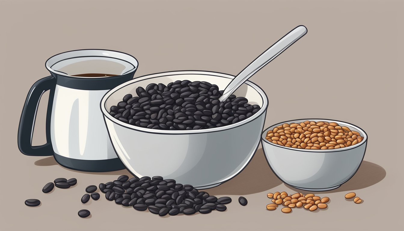 A bowl of pinto beans next to a bowl of black beans, with a measuring cup pouring pinto beans into a pot