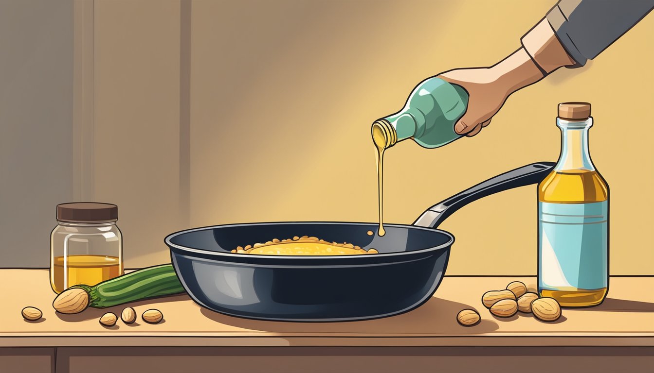 A person pouring vegetable oil into a hot frying pan, with a bottle of peanut oil sitting nearby