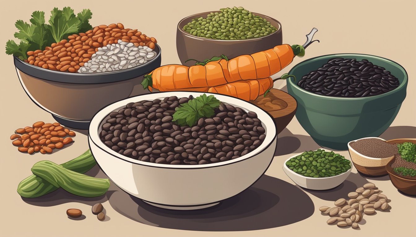 A bowl of pinto beans being swapped for a bowl of black beans on a kitchen counter, with various vegetables and spices nearby