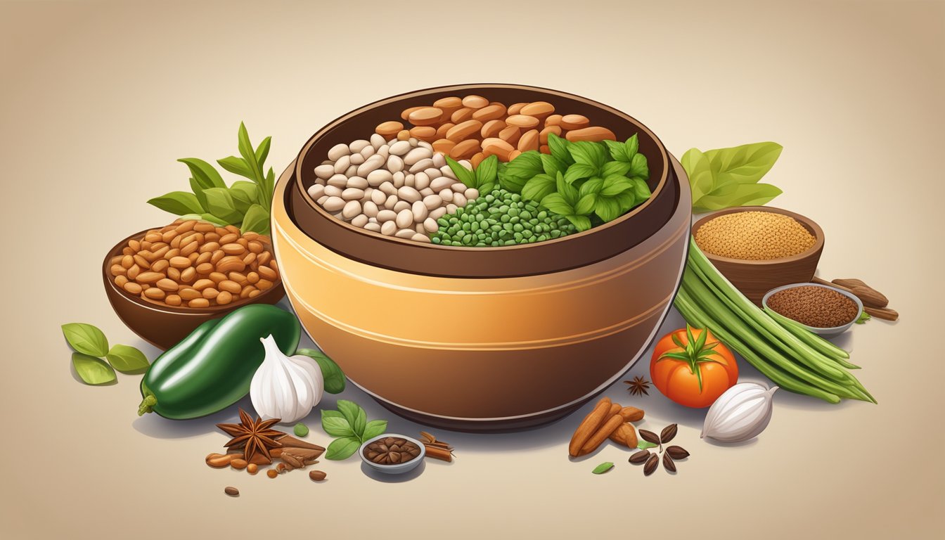 A colorful array of global ingredients surrounds a bowl of pinto beans, while a variety of spices and herbs add flavor to the dish